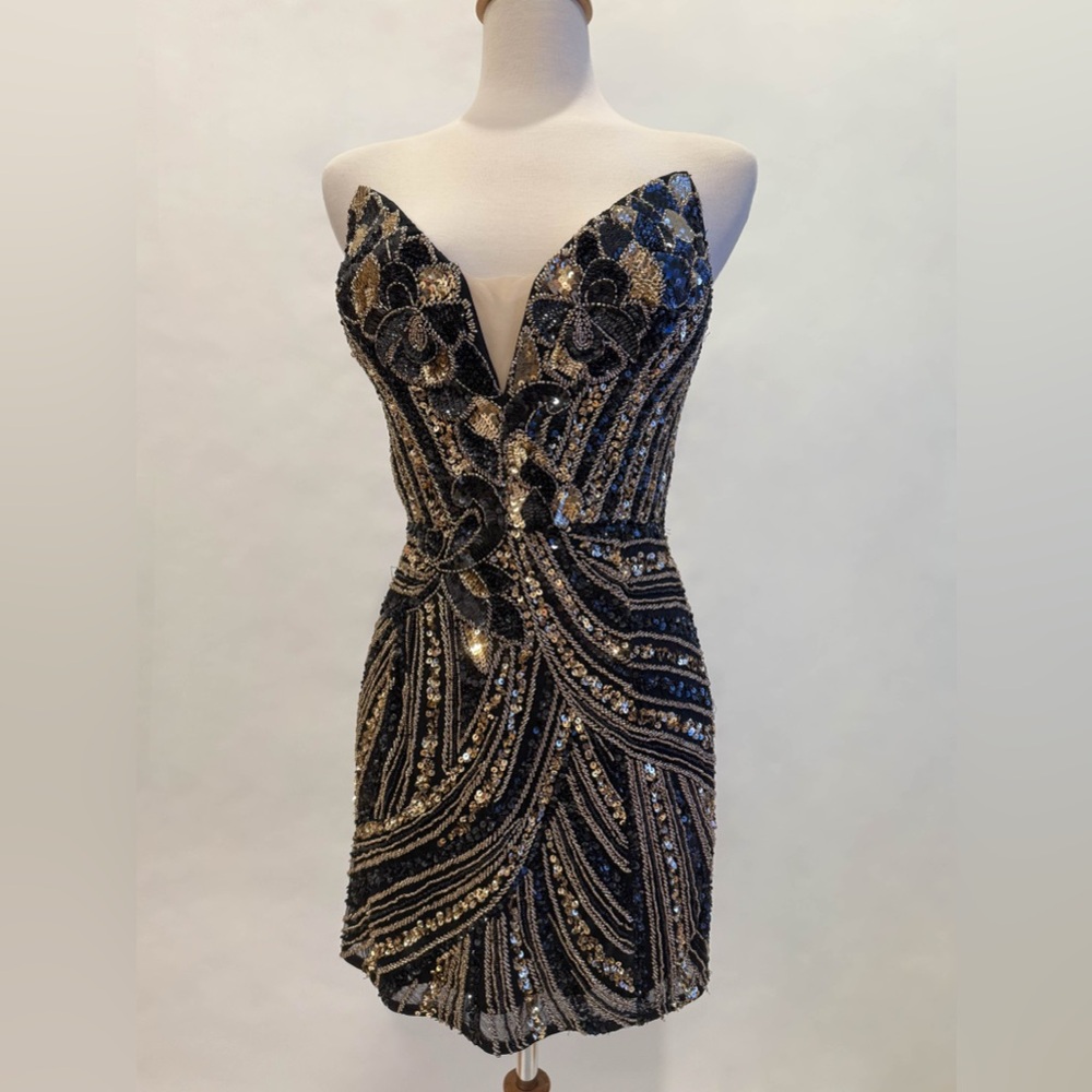 Ashley lauren Glamorous Strapless Sequin Dress in Black and Gold